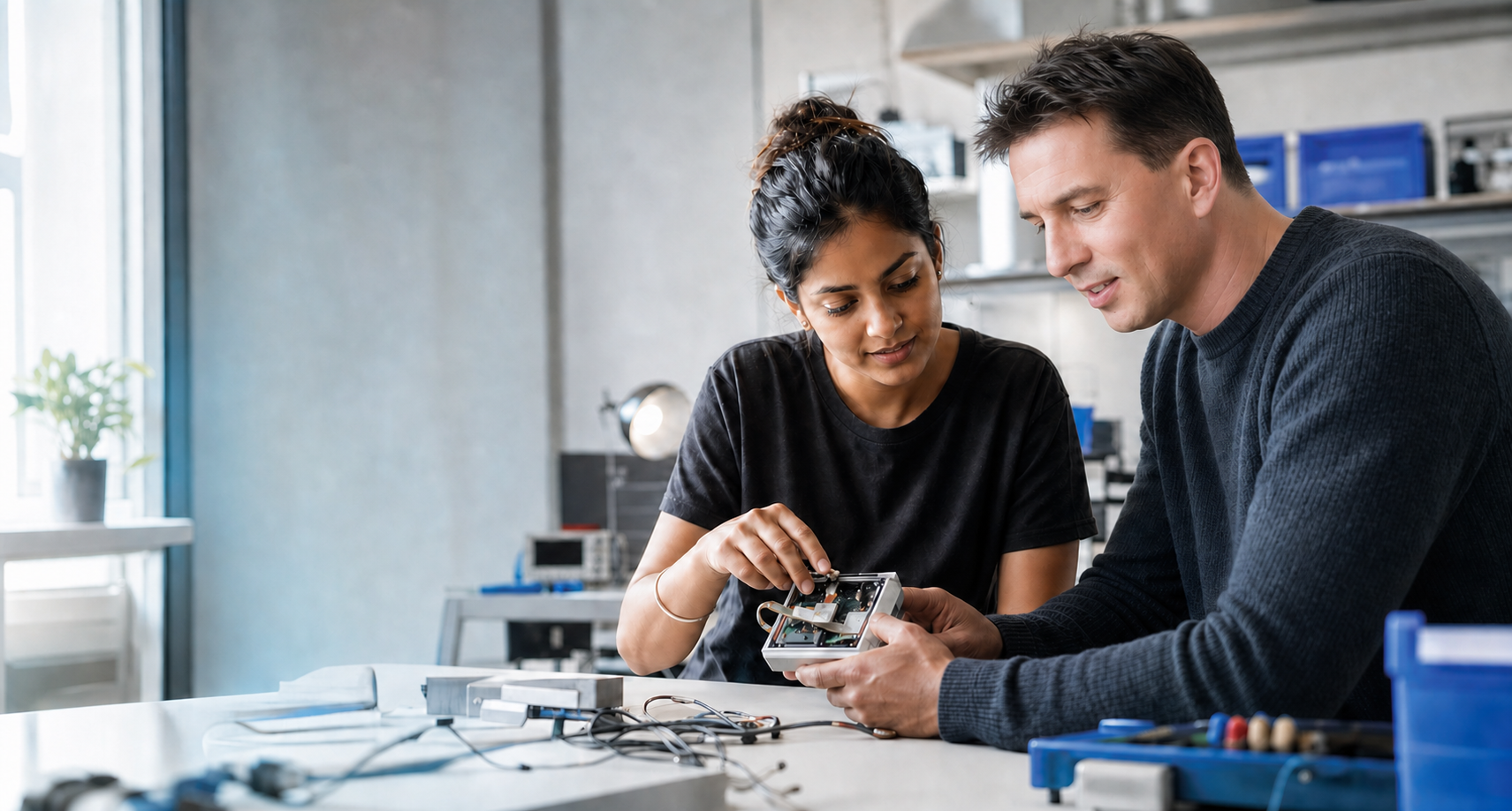 Martin collaborating with an engineer on an electronic product prototype